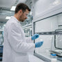Researcher handling crystalline compound inside laboratory fume hood