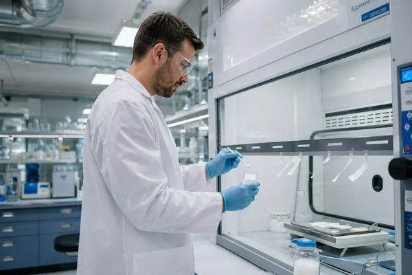 Researcher handling crystalline compound inside laboratory fume hood