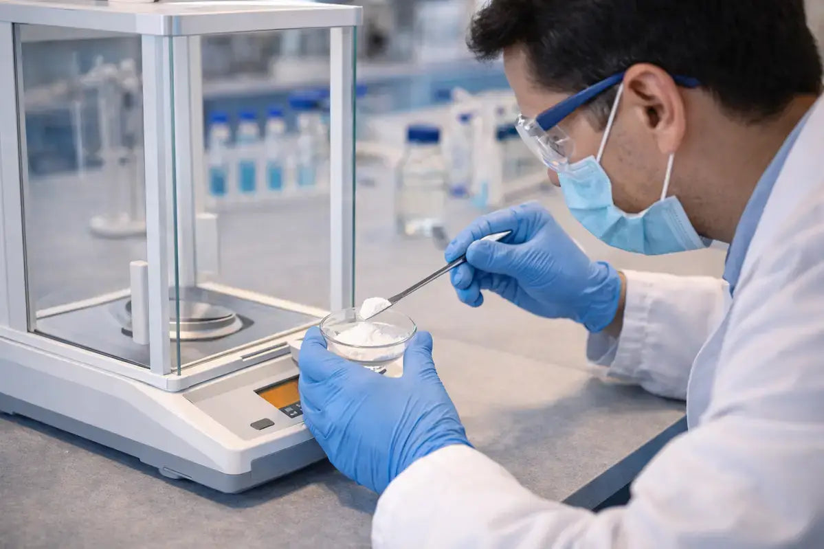 Researcher following Tianeptine safety protocols in a laboratory