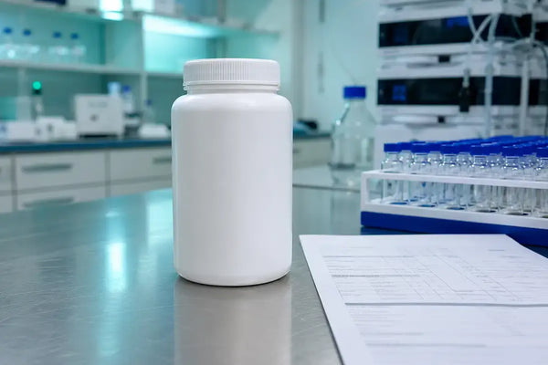 Laboratory bench with sealed pramiracetam container COA document and HPLC vials for research verification 