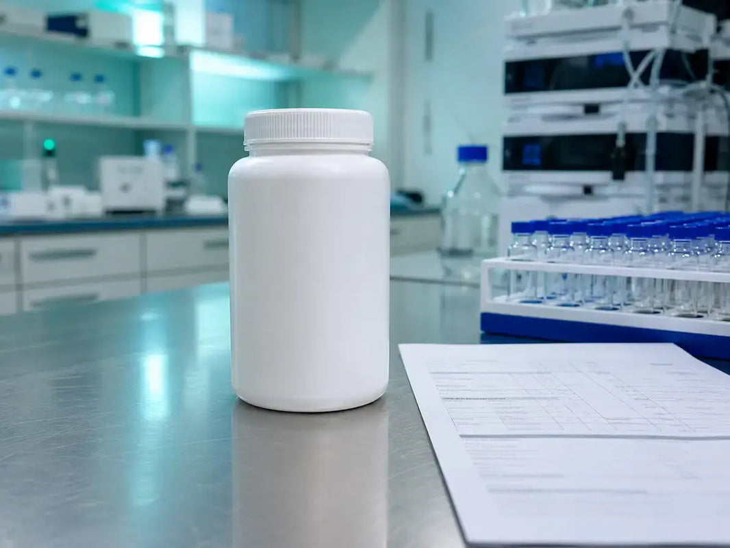 Laboratory bench with sealed pramiracetam container COA document and HPLC vials for research verification 