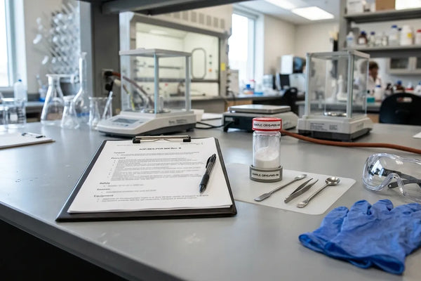 Phenibut research use SOP on a clipboard beside a sealed powder container and laboratory equipment