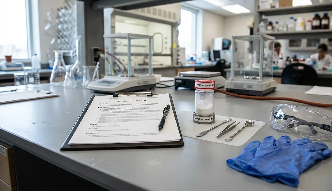 Phenibut research use SOP on a clipboard beside a sealed powder container and laboratory equipment