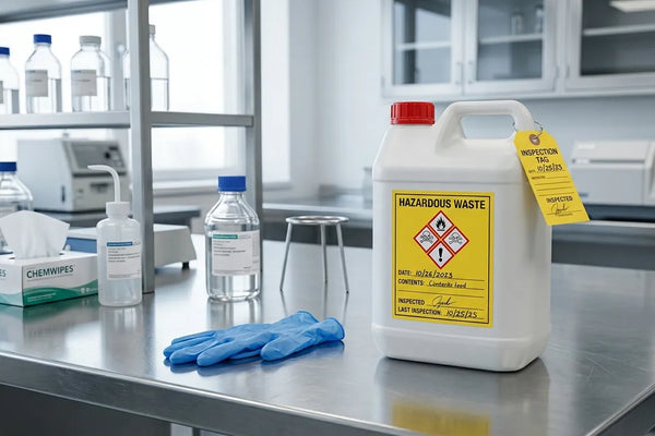 Labeled chemical waste container on a laboratory bench for research waste disposal