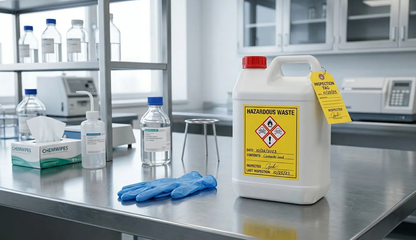 Labeled chemical waste container on a laboratory bench for research waste disposal