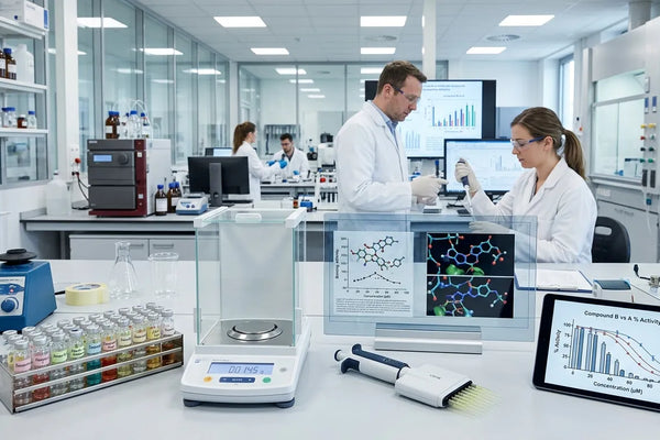 Laboratory research setup comparing tianeptine study measurements with analytical instruments and molecular data