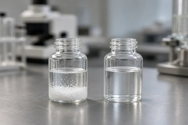 Aniracetam powder undissolved in water beside a clear solution