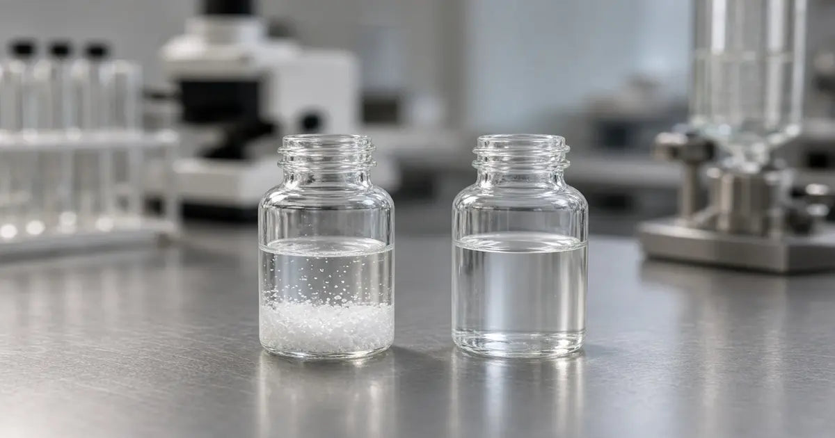 Aniracetam powder undissolved in water beside a clear solution