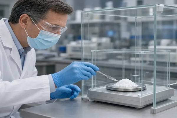 Researcher weighing phenibut HCl in a ventilated enclosure