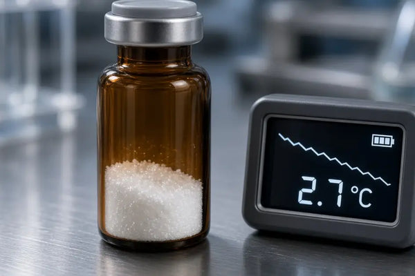 Sealed phenibut HCl powder vial beside a laboratory thermometer showing temperature change
