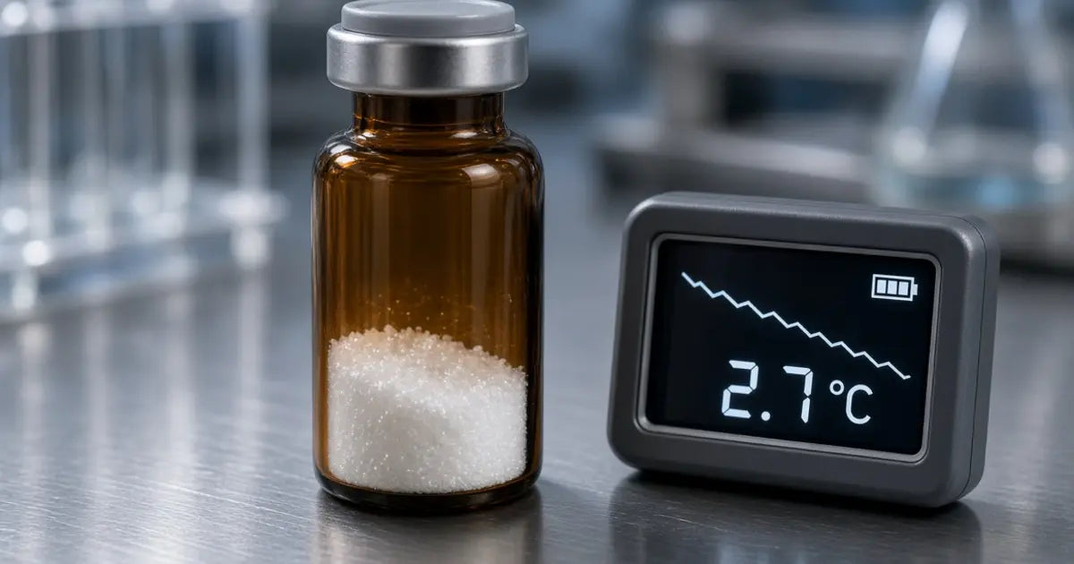 Sealed phenibut HCl powder vial beside a laboratory thermometer showing temperature change