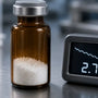 Sealed phenibut HCl powder vial beside a laboratory thermometer showing temperature change