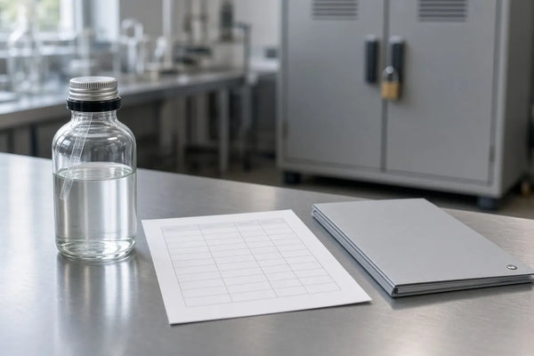 Tianeptine research program transition checklist beside a sealed material jar