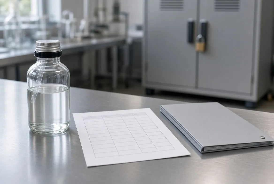 Tianeptine research program transition checklist beside a sealed material jar