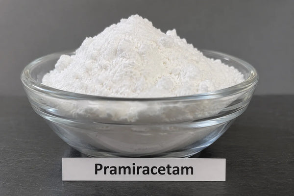 Bowl of white pramiracetam powder with a simple label on a lab bench