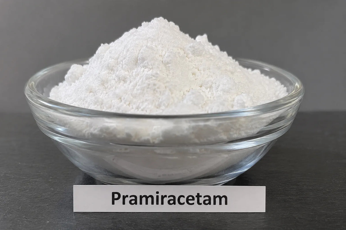 Bowl of white pramiracetam powder with a simple label on a lab bench