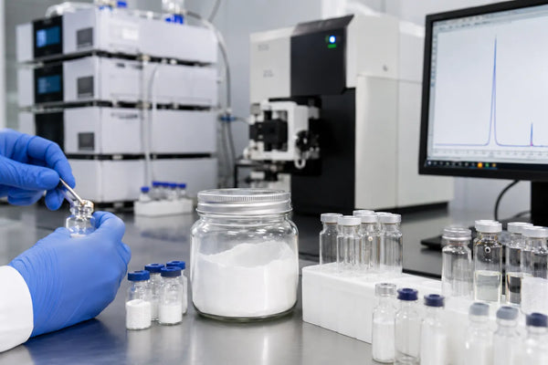 Researcher preparing powder sample vials beside chromatography instruments in a clean lab
