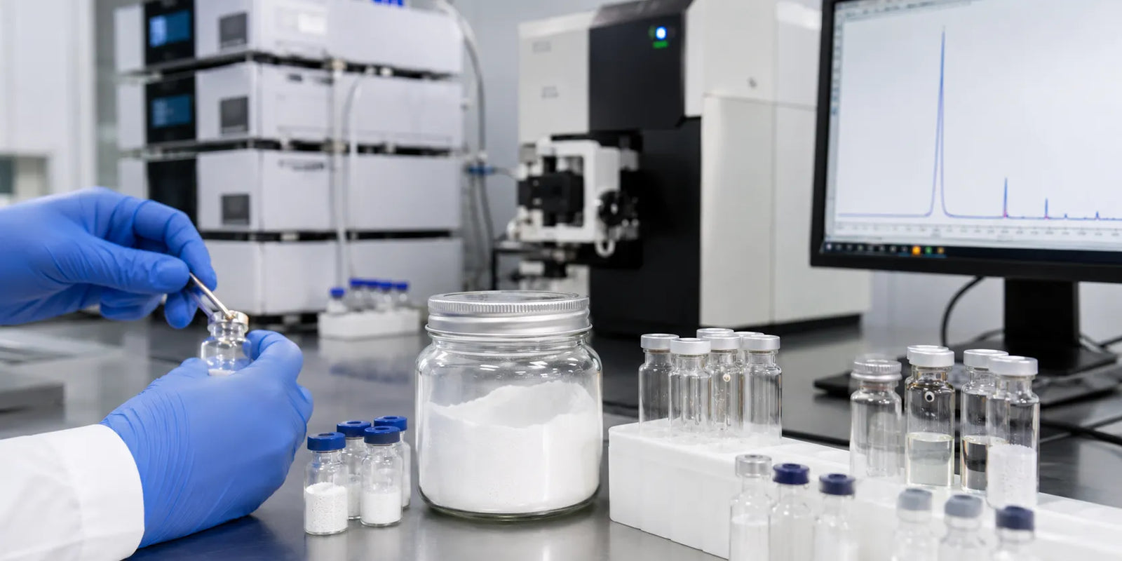 Researcher preparing powder sample vials beside chromatography instruments in a clean lab