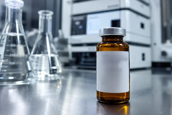 Amber vial of agomelatine research compound on bench
