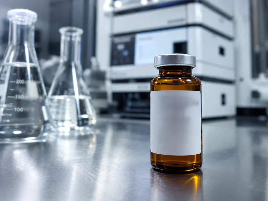 Amber vial of agomelatine research compound on bench