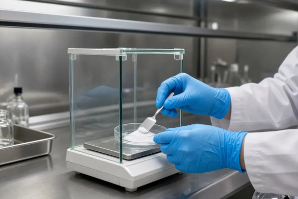 Gloved hands weighing aniracetam powder in a laboratory fume hood