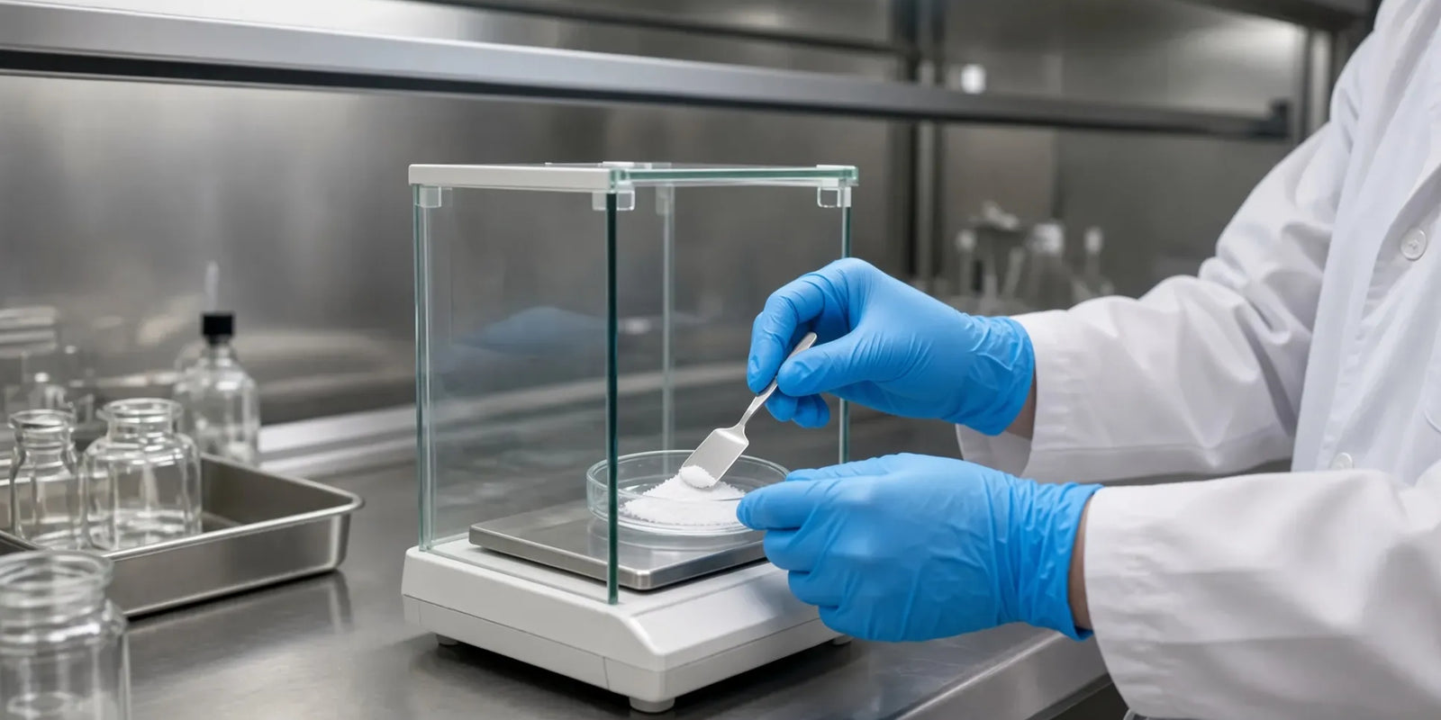 Gloved hands weighing aniracetam powder in a laboratory fume hood