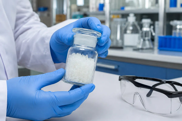 Nitrile gloves handling pramiracetam powder container in research lab 