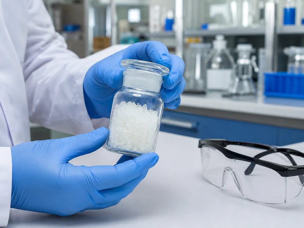 Nitrile gloves handling pramiracetam powder container in research lab 