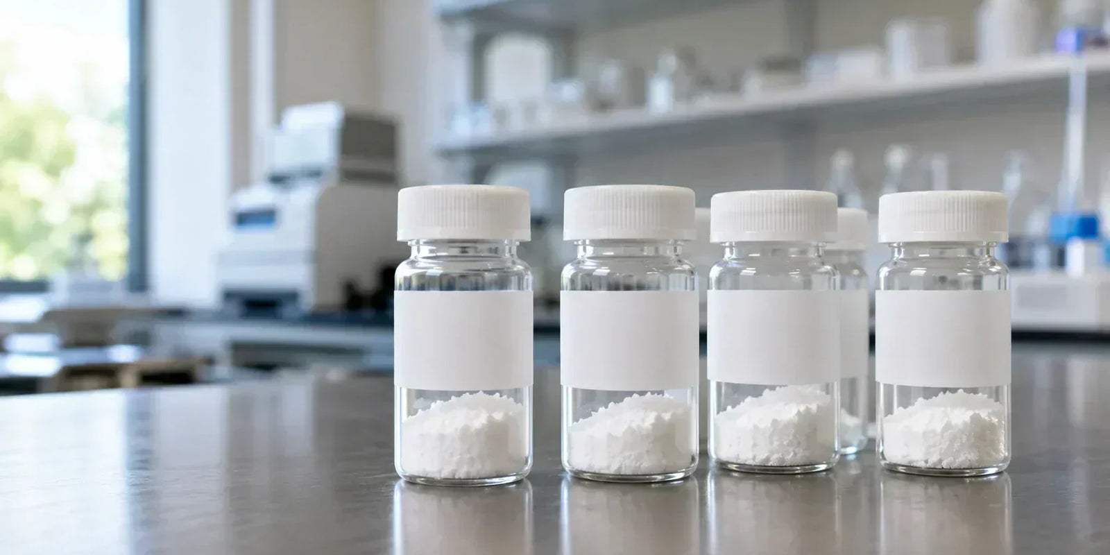 Clear laboratory vials of white crystalline pramiracetam research material
