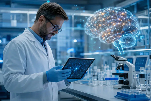 Scientist studying a brain neural-network visualization in a modern memory and learning research laboratory