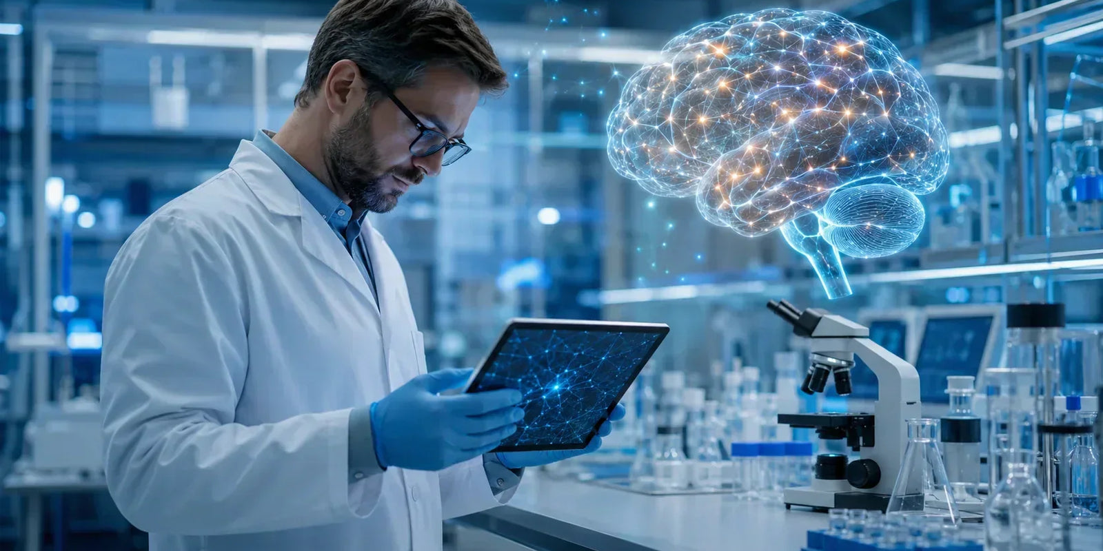 Scientist studying a brain neural-network visualization in a modern memory and learning research laboratory