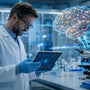 Scientist studying a brain neural-network visualization in a modern memory and learning research laboratory