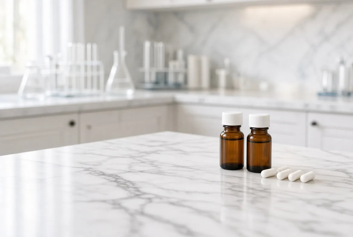 amber reagent bottles and white capsules on a white laboratory bench, with shelves of glassware behind.