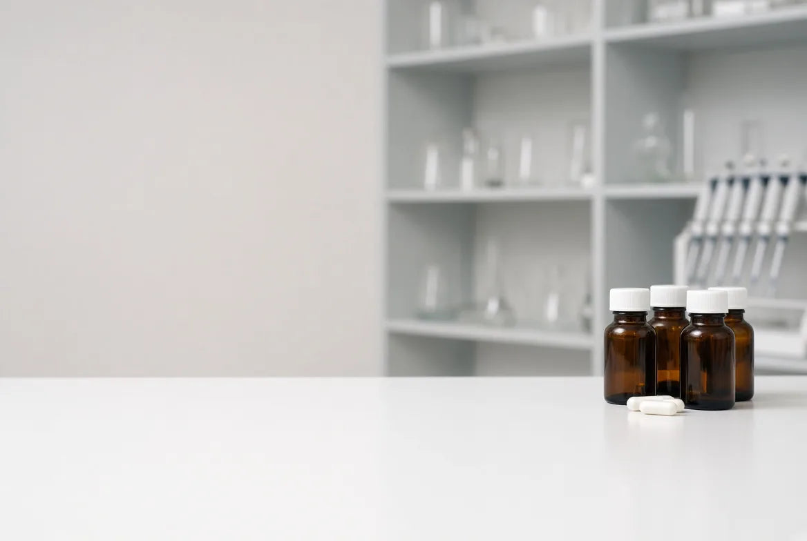 Two small amber bottles and white capsules on a marble laboratory counter, with flasks and test tubes in the background.