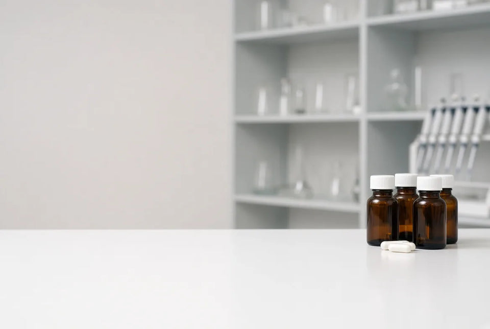 Two small amber bottles and white capsules on a marble laboratory counter, with flasks and test tubes in the background.