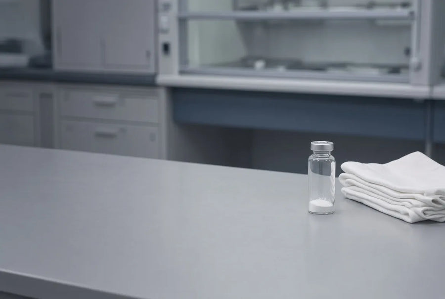 A clear glass vial of white powder beside a folded white cloth on a gray laboratory bench, with cabinetry and a hood behind.