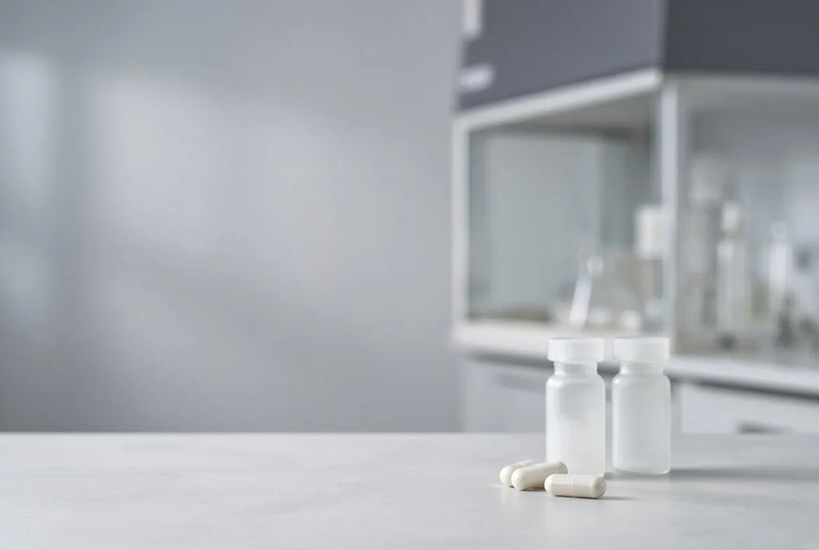 Two small frosted vials on a white laboratory bench, with a laminar-flow hood and tube racks in the background.