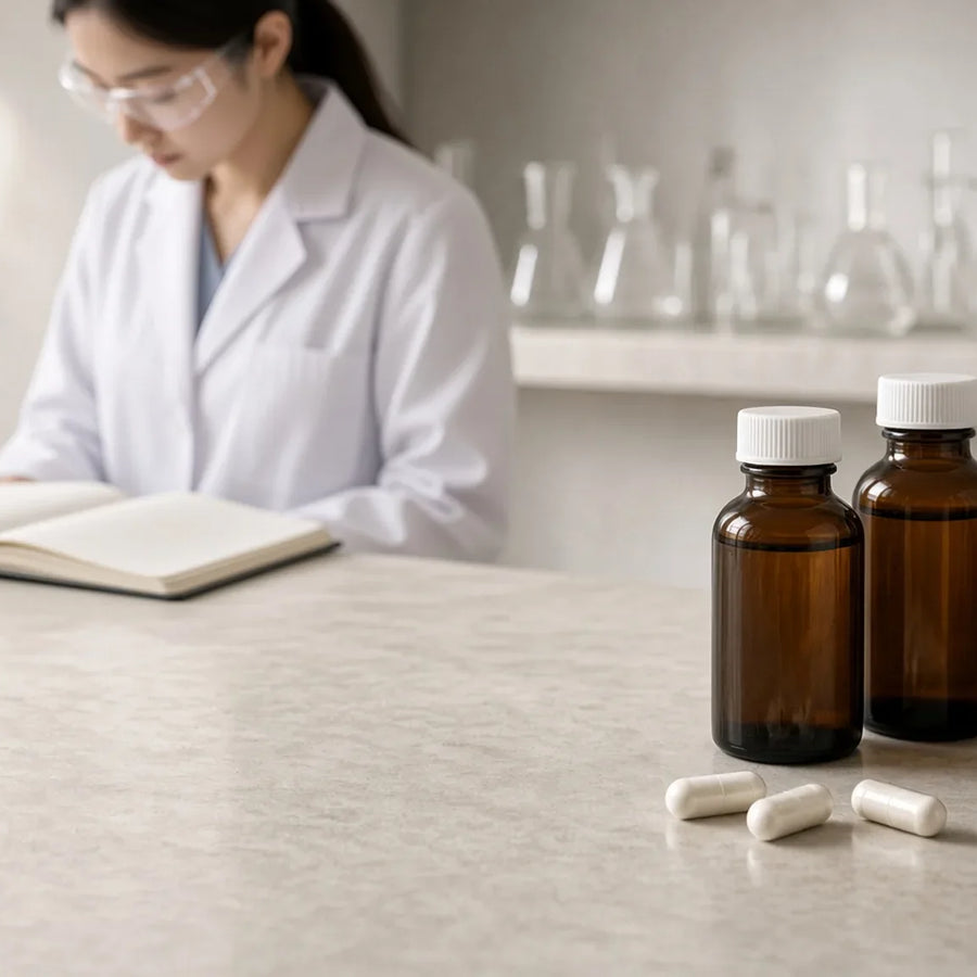A researcher in a lab coat and safety glasses reviews an open notebook, with amber bottles and white capsules on the bench.