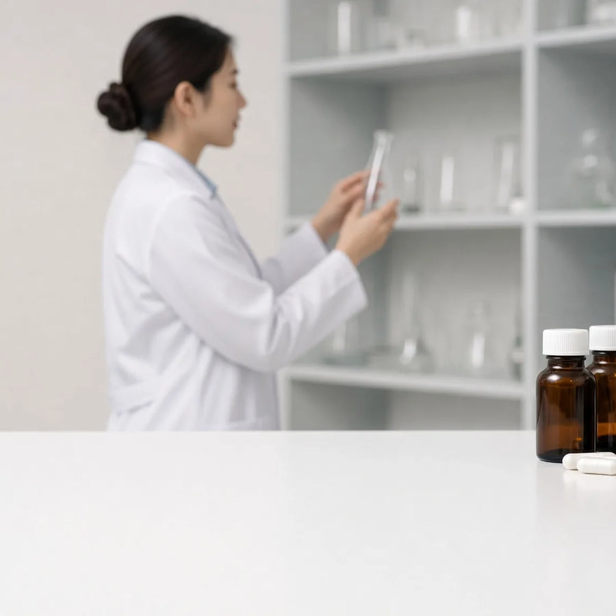 A researcher in a white lab coat holds a test tube in a laboratory, with amber bottles and white capsules on the bench in the foreground.