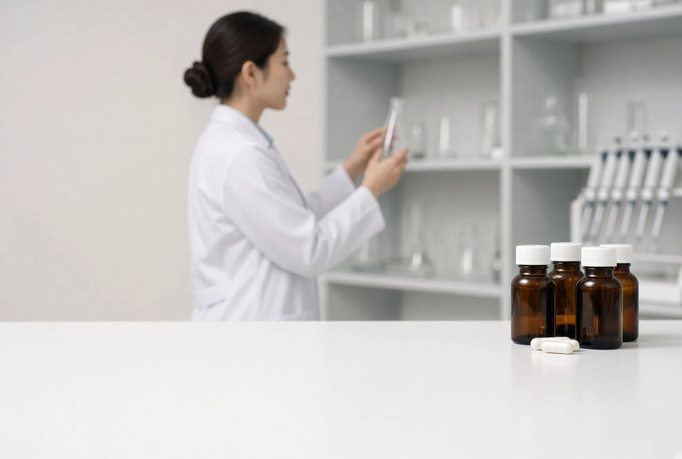 A researcher in a white lab coat holds a test tube in a laboratory, with amber bottles and white capsules on the bench in the foreground.