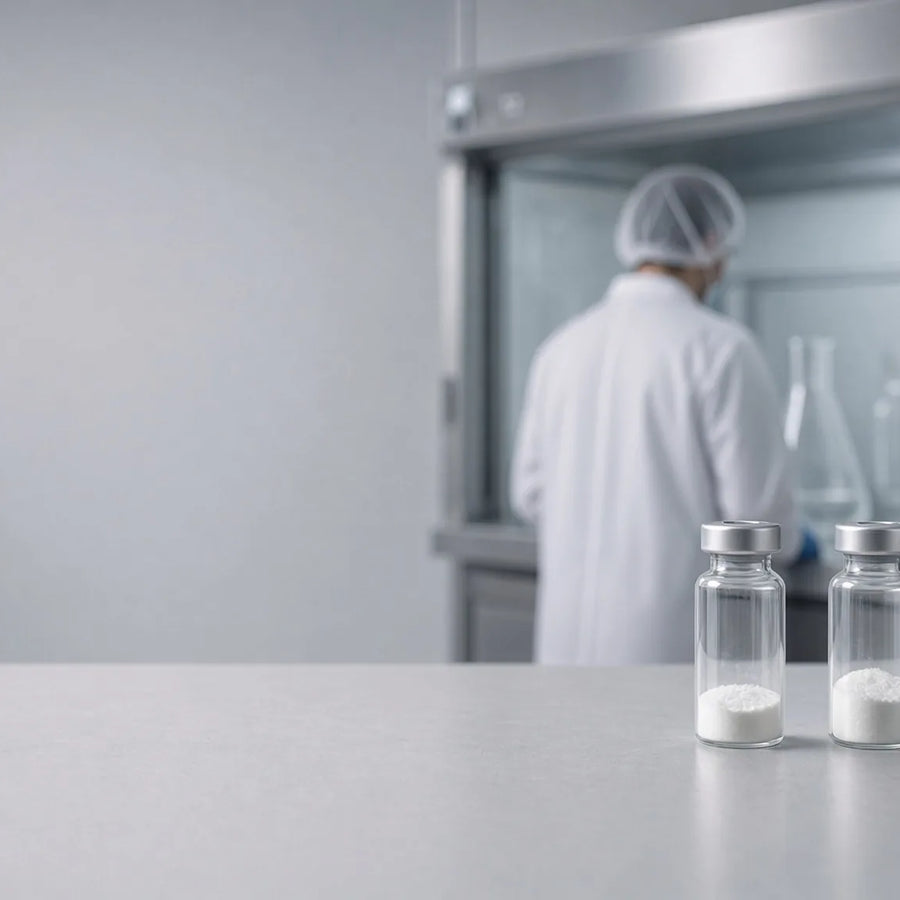 A researcher in a lab coat and hair cover works at a fume hood, with two vials of white powder on the bench in front.