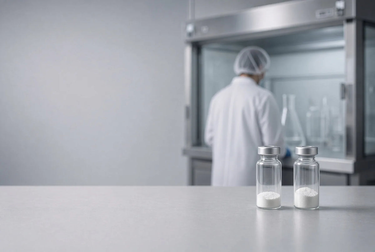 A researcher in a lab coat and hair cover works at a fume hood, with two vials of white powder on the bench in front.