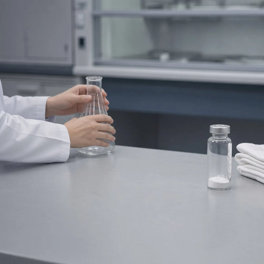 A researcher in a white lab coat holds a glass flask beside a clear vial of white powder and a folded cloth on a laboratory bench.