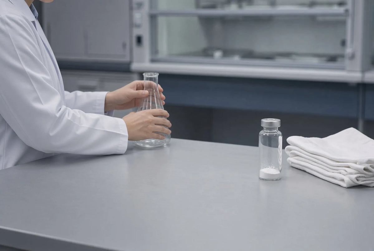 A researcher in a white lab coat holds a glass flask beside a clear vial of white powder and a folded cloth on a laboratory bench.