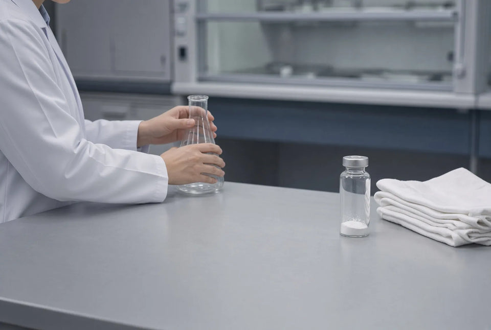 A researcher in a white lab coat holds a glass flask beside a clear vial of white powder and a folded cloth on a laboratory bench.