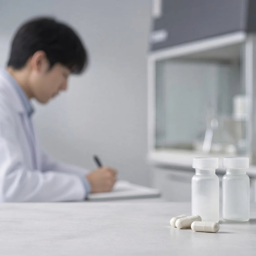 A researcher in a white lab coat writes notes at a laboratory bench, with frosted vials and white capsules in the foreground.