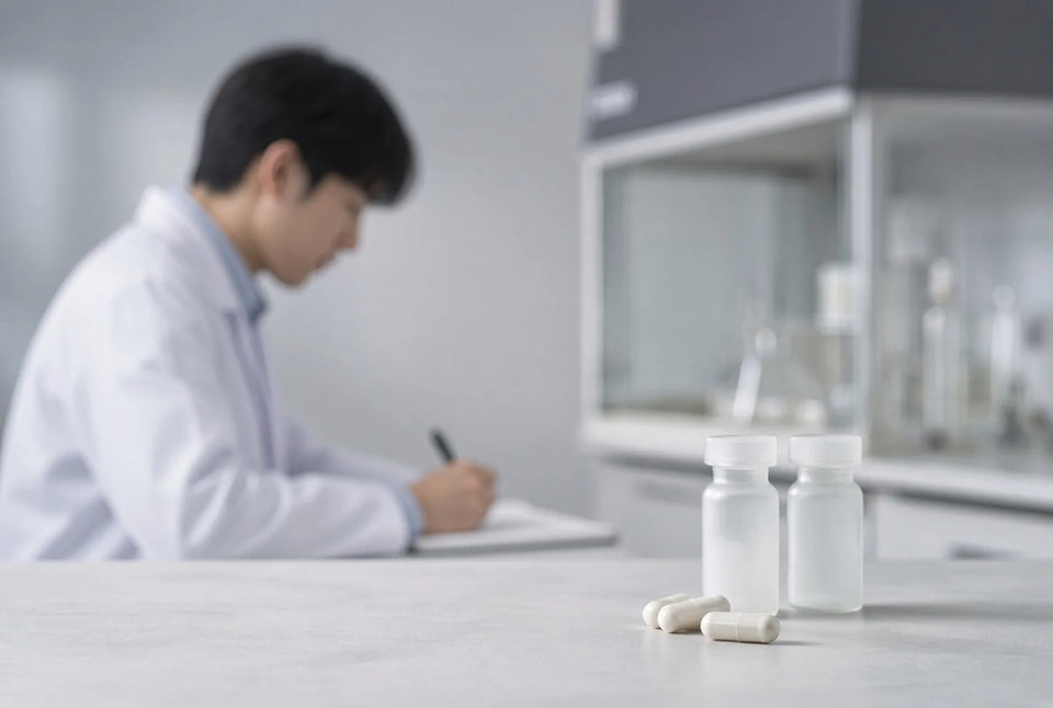 A researcher in a white lab coat writes notes at a laboratory bench, with frosted vials and white capsules in the foreground.