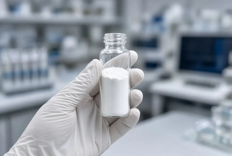Gloved hand holding vial of white chemical compound