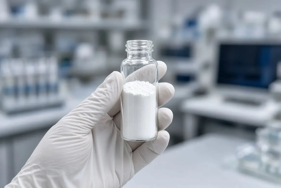 Gloved hand holding vial of white chemical compound
