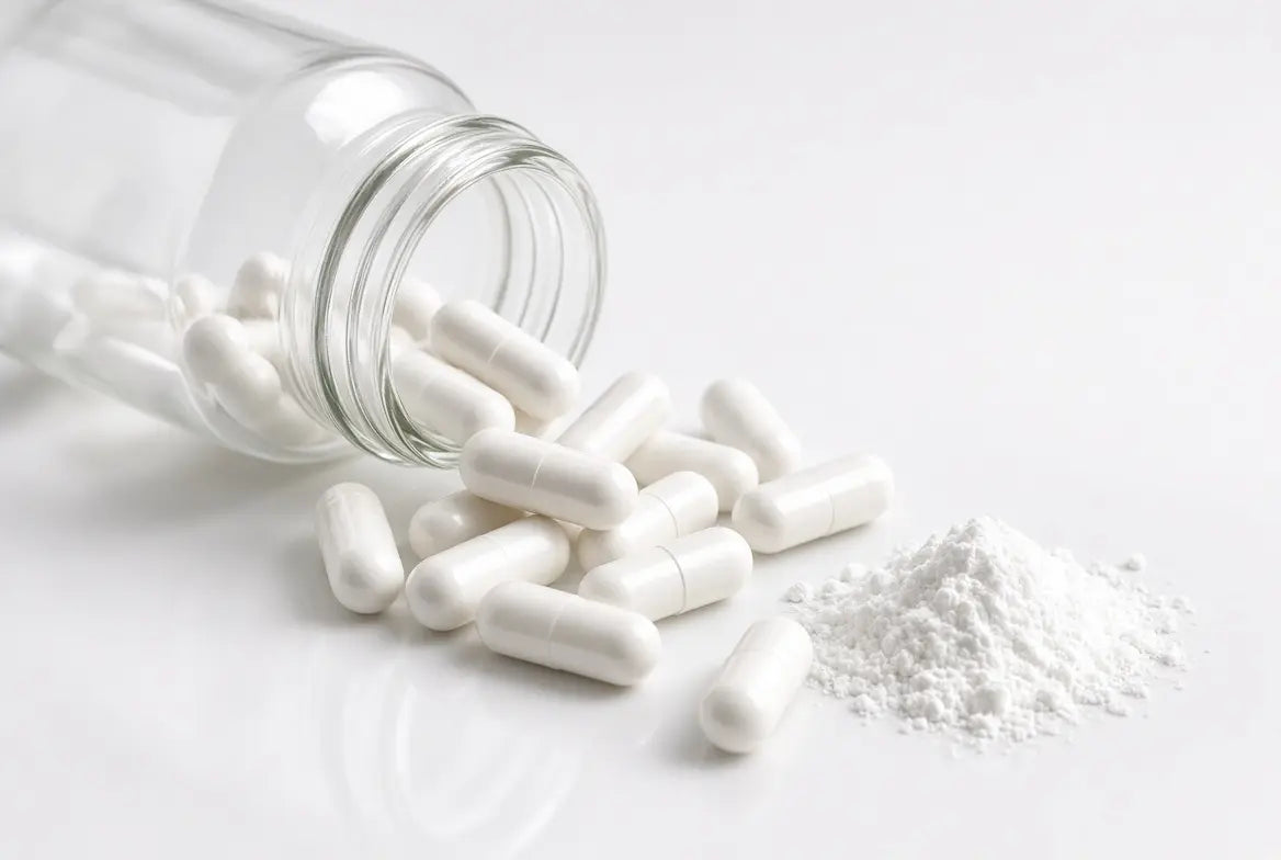 Spilled white capsules + powder